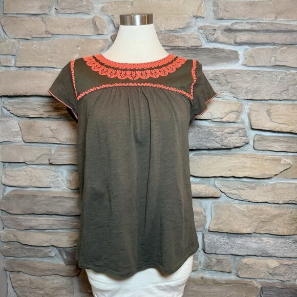 Boden Womens Top US 8 UK 12 Green Embroidered Boho Floral Yoke Short Sleeve - Picture 1 of 10